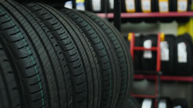 Close-up of several black rubber tires stacked together, highlighting the intricate tread patterns and textures in a storage environment