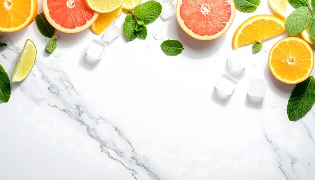 Top border citrus fruits with mint and ice on white marble background