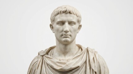 Obraz premium Roman emperor bust isolated on a white background, smooth marble sculpture with classical facial detail, timeless history and art museum mood, ultra-realistic, no logos.