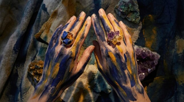 Two painted hands in blue and yellow displaying textured gemstone rings, artistic conceptual fashion image with strong visual identity and bold color contrast, realistic detail, no logos