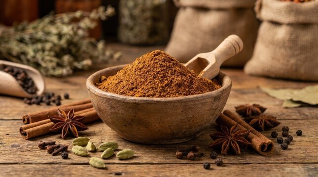 Organic garam masala powder in a rustic bowl with whole spices, authentic Indian spice blend for flavorful cooking, rich aromatic ingredient concept, warm realistic detail, no logos