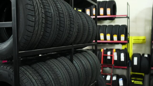 Stack of black rubber tires neatly arranged on metal shelving inside an automotive workshop with natural light streaming through large windows
