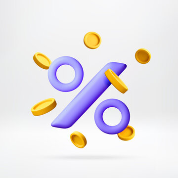 3D Percentage sign with floating gold coins. Finance savings and sale discount promotion. Shopping marketing concept with investment growth and banking profit symbol. Vector illustration