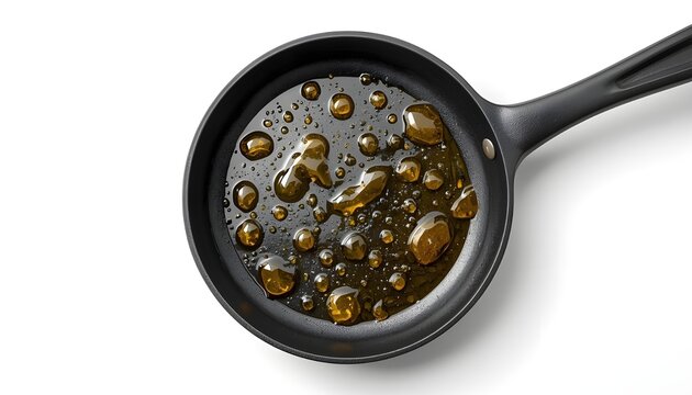 A black frying pan with oil bubbles on a white background