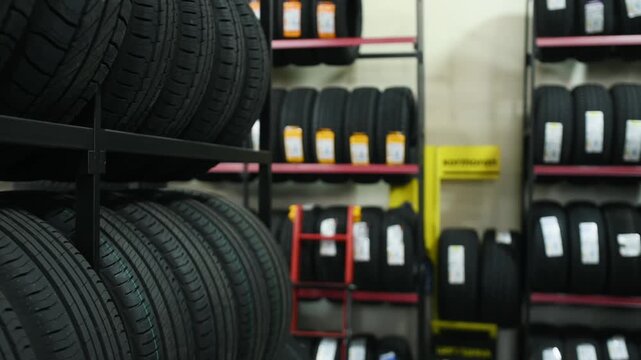 Close-up of several black rubber tires stacked together, highlighting the intricate tread patterns and textures in a storage environment