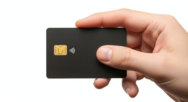 Hand holding bank card with a EMV chip isolated on a white background.Ideal for finance, payment, banking, digital transactions, and security.