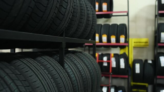 Black rubber tires are stacked in an automotive shop, with additional tires visible on shelves in the background under bright lighting