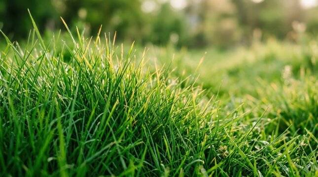 A close-up grass field with dense green meadow blades, fine texture, sunlit tips and shallow depth of field, fresh natural energy and luminous daylight softness, ultra-realistic, no logos.
