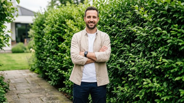 Man standing by hedge with arms crossed wearing beige shirt, white tee, and smartwatch, relaxed modern portrait with clean outdoor background, natural light, realistic detail, no logos