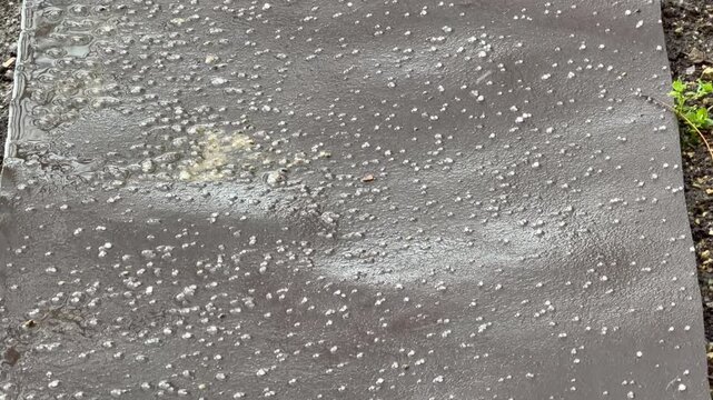 Tiny white hailstones rest on a damp, dark ground after a heavy downpour. This scene captures a cold and surprising moment of nature, feeling both crisp and quiet in the aftermath of the storm.