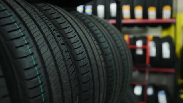 Black rubber tires arranged neatly on a metal rack inside an automotive shop, highlighting various tread patterns and textures for easy access and selection