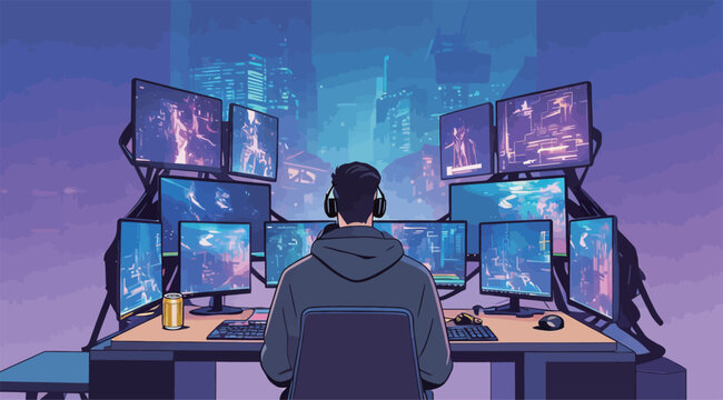 Gamer in Futuristic Setup with Multiple Monitors