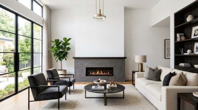 Modern luxury living room interior with fireplace and empty white wall, elegant home design, clean mockup space, contemporary decor, bright refined atmosphere, no logos