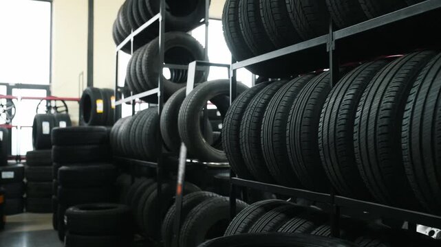 Stack of black rubber tires neatly arranged on metal shelving inside an automotive workshop with natural light streaming through large windows
