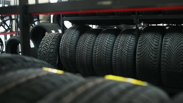 Neatly organized black rubber tires are displayed on metal shelves in an automotive workshop, illuminated by natural light from large windows