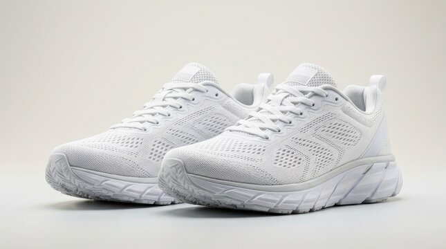 A pair of white running sneakers isolated on a clean background, breathable fabric texture, clean contours and athletic sole detail, fresh sporty studio mood, ultra-realistic, no logos.