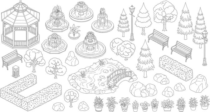 Isometric Park Landscape Elements Set Featuring Gazebo Fountains Trees Benches And Garden Hedges In A Clean Line Art Vector Style
