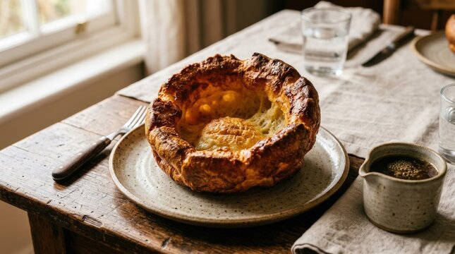 Golden brown Yorkshire pudding freshly baked and served warm on a plate, traditional British comfort food with crisp edges and airy texture, appetizing close up, rustic table setting, warm natural