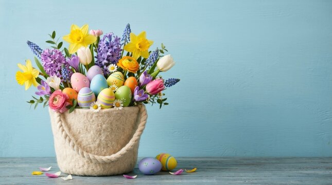 Wool bucket filled with colorful Easter eggs and flowers on blue background, festive spring holiday concept with copy space, cheerful clean composition, no logos