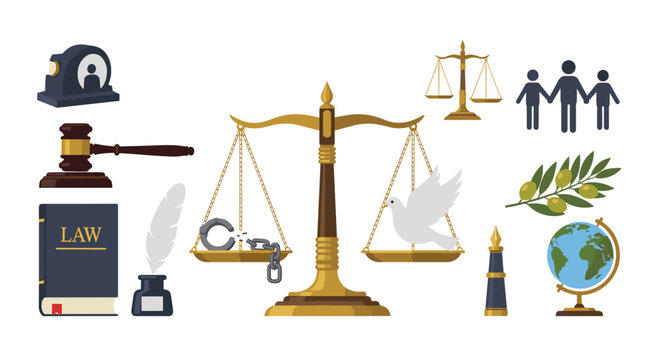A comprehensive collection of professional law and justice icons featuring a central golden scale alongside a wooden gavel on a bright white background.