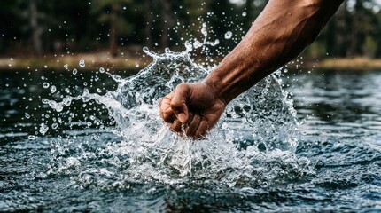 Fototapeta premium Close-up of fist splashing water with powerful impact, strength and motion concept with dramatic droplets and crisp energy, realistic detail, no logos