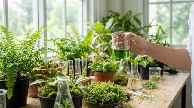 Hand holding beaker of green liquid among plants and test tubes, botanical laboratory concept blending science, sustainability, and natural innovation, lush setting, soft light, realistic detail, no