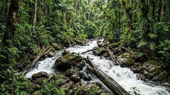 Rainforest river with rapids, rocks, fallen trees and dense green canopy, wild tropical landscape, rushing water through untouched jungle, lush nature scenery, immersive travel environment, natural
