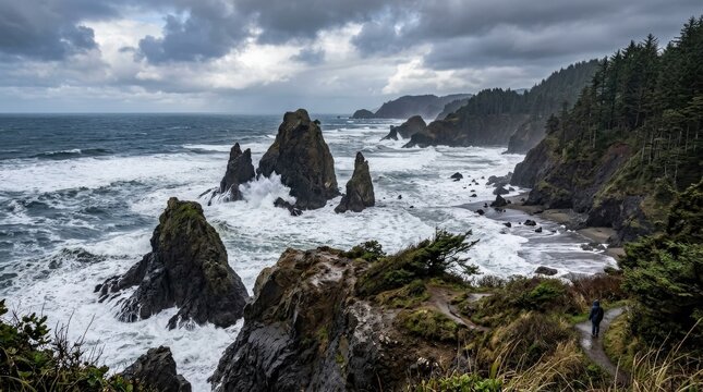 Pacific Northwest coastline with towering sea stacks and turbulent ocean, dramatic coastal landscape, rugged cliffs and crashing waves, scenic travel view, no logos