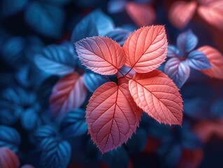 Obraz premium A close-up of vibrant red and blue leaves in a natural setting