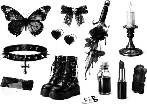 Gothic dotted gothic vector collection: butterfly, rose, candle, grunge boots, and skull accents in halftone retro style