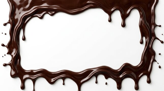 A melted chocolate border isolated on a clean background, rich flowing cocoa, glossy drips and smooth organic edges, indulgent dessert mood in crisp studio light, ultra-realistic, no logos.