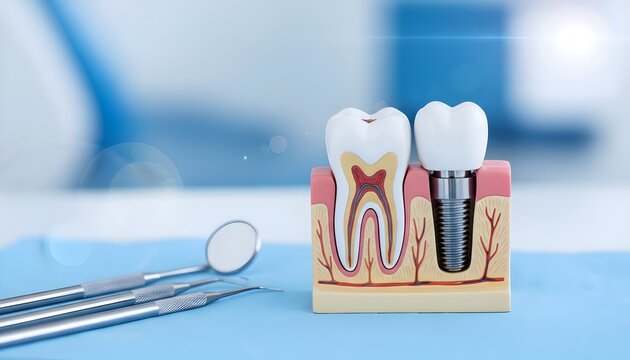 Model of dental implant beside natural tooth with dental mirror and explorer, representing implant placement and restorative dentistry procedure., Dental Implants & Dentistry