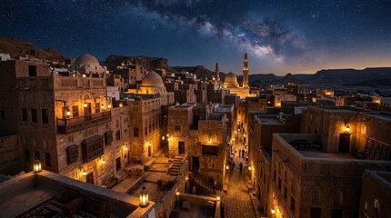 Fototapeta premium A night view of an ancient Arabic city with sandstone buildings, winding alleys, domes and lantern-lit balconies under a deep starry sky, warm golden glow and mysterious desert atmosphere,