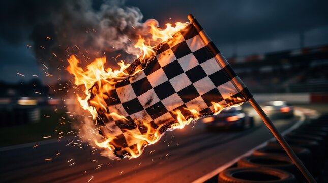 A fiery racing flag engulfed in blazing flames, checkered fabric whipping in motion with glowing sparks and smoke trails, intense energy, high-contrast dramatic lighting, speed and adrenaline