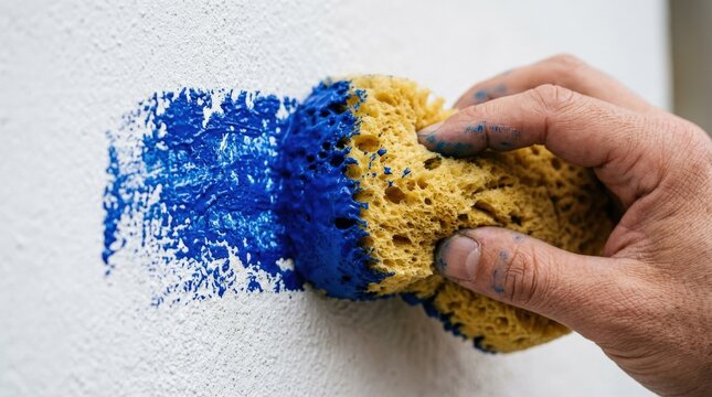 Sponge with blue paint on a surface, cleaning or painting concept, bold minimal composition, tactile texture, realistic close-up detail, no logos