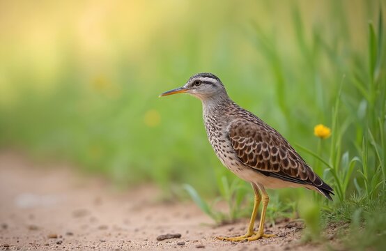 Corn crake bird standing on dirt path near green grass and yellow flower. Wildlife creature with brown plumage and long beak in natural habitat. Outdoors, sunny daytime scene.