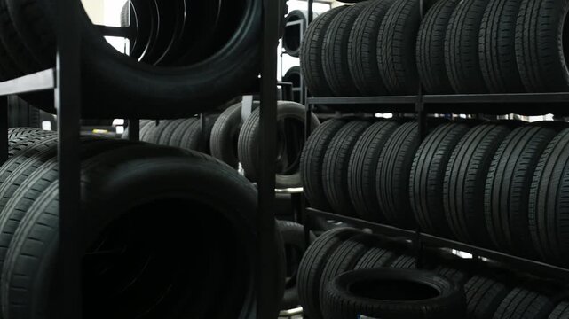 Black rubber tires are organized on metal racks in a tire shop, with more tires visible in the background under bright overhead lighting