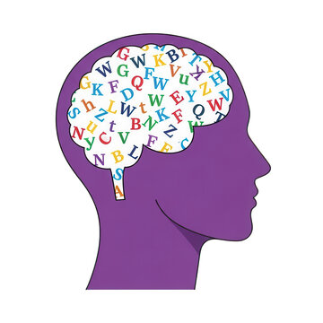 Purple head with alphabet letters in brain, transparent background