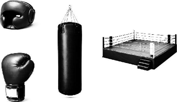 Grunge halftone vector of boxing gear with glove, helmet, punching bag, and dotted boxing ring