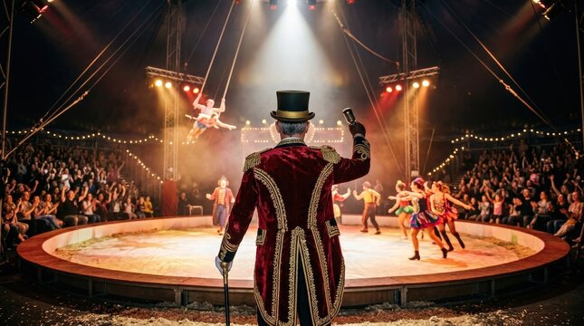 Circus ringmaster from the back facing illuminated arena, theatrical entertainment concept with elegant costume, dramatic spotlight, and rich performance atmosphere, realistic detail, no logos