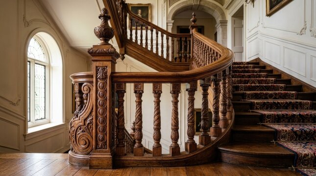 Wood balustrades with carved pillars, rich natural grain and polished craftsmanship, elegant architectural detail with warm earthy tones, refined classic atmosphere, ultra-realistic, no logos.