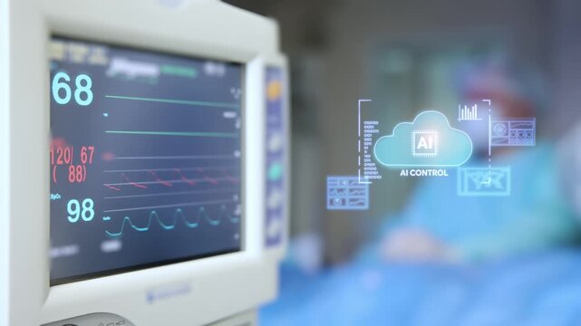 Ai cloud center control interface over cardiac monitor data for hospital analytics dashboard background and medical technology visualization.