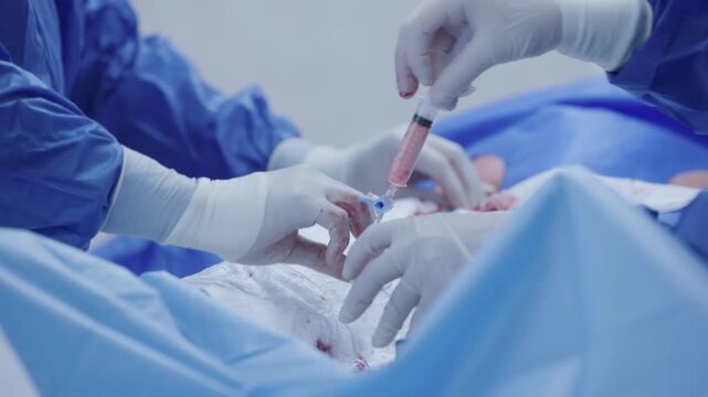 Closeup of surgeon hands inserting catheter during cardiac procedure for clinical medical.