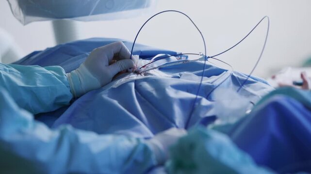 Surgical view of interventional cardiology procedure with operator hands and catheters for healthcare.