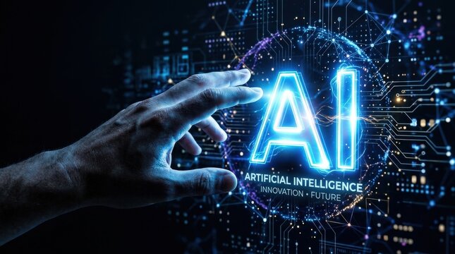 Hand reaching toward glowing AI letters, artificial intelligence innovation and future technology concept, dark digital background, human tech interaction, luminous highlights, crisp modern detail, no