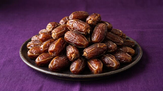 Pile of ripe Medjool dates on a purple background, healthy sweet snack with rich caramel tones and natural texture, clean food arrangement, studio composition, vibrant color contrast, no logos