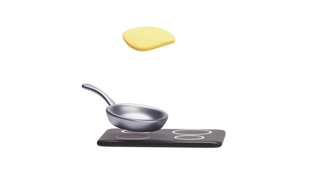 Seamless loop 3D animation. Frying pan hovers above an induction hob, flipping a pancake in the air. Close-up view on white background. Minimalist aesthetic, perfect for culinary projects.