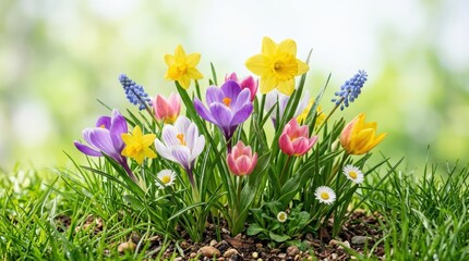 Fototapeta premium A cluster of spring flowers with fresh green grass isolated cleanly, colorful petals, delicate stems and lively seasonal detail, bright cheerful botanical mood, ultra-realistic, no logos.