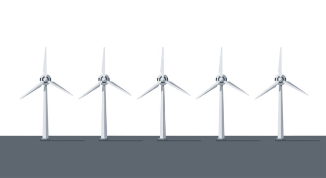 Five sleek white wind turbines stand in a precise horizontal row against a stark white sky and a dark grey ground under uniform flat lighting conditions.