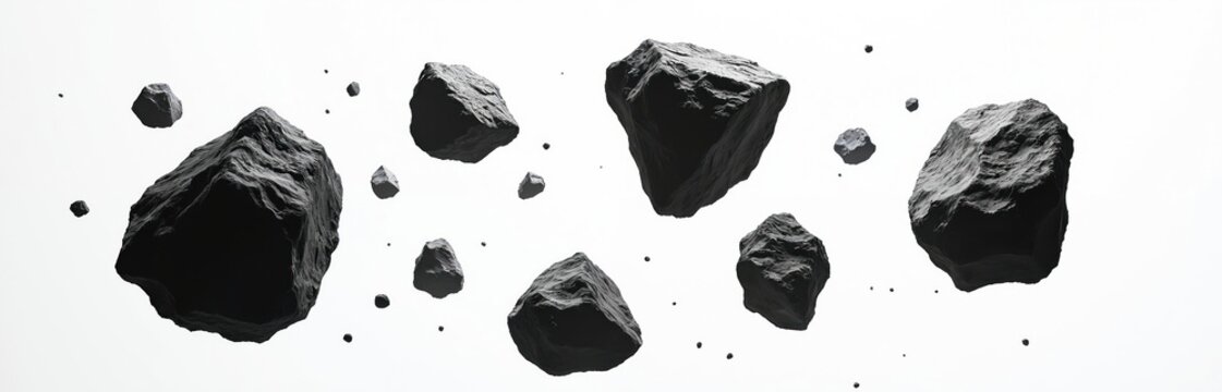 Group of dark rough meteorites float in space against white backdrop. Cosmic rocks drift in zero gravity. Asteroids travel through universe. Interstellar objects in deep space.